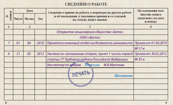 П 3 ч 1 ст 77 запись в трудовой образец